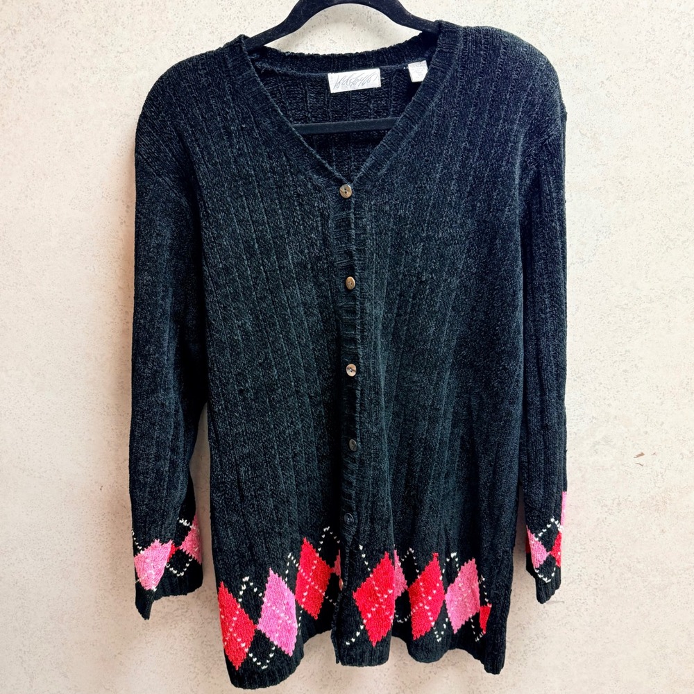 Lord & Taylor VTG L Black Chenille Geometric Argyle Pink Red Cardigan Sweater